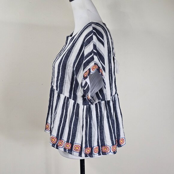 Anthropologie Maeve Embroidered Peplum Linen Top L Striped Open Back Festival - Picture 6 of 10